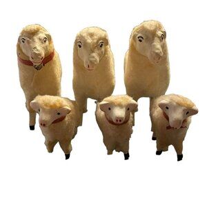 6 Antique Christmas Putz Sheep Lambs Composition Stick Legs German Nativity Wool